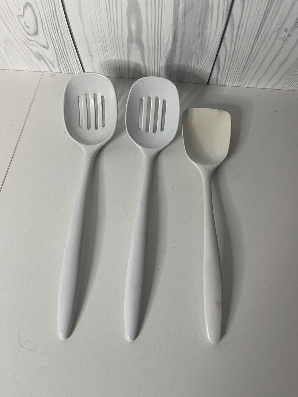 3 VTG WHITE Melamine Utensils ROSTI Turner Spatula, 2 Slotted Spoon